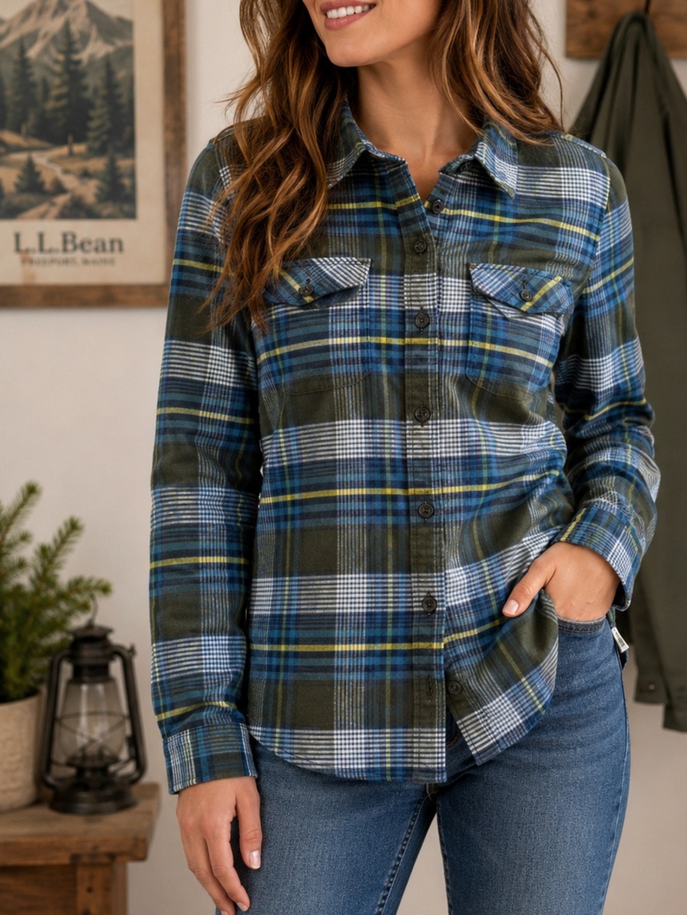 L.L.Bean Plaid Flannel Shirt Womens Medium Stretch Utility Cabin Core Outdoor